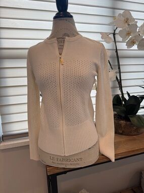134. St. John Cream sweater Perforated Zip-Front Knit Sz P pre owned